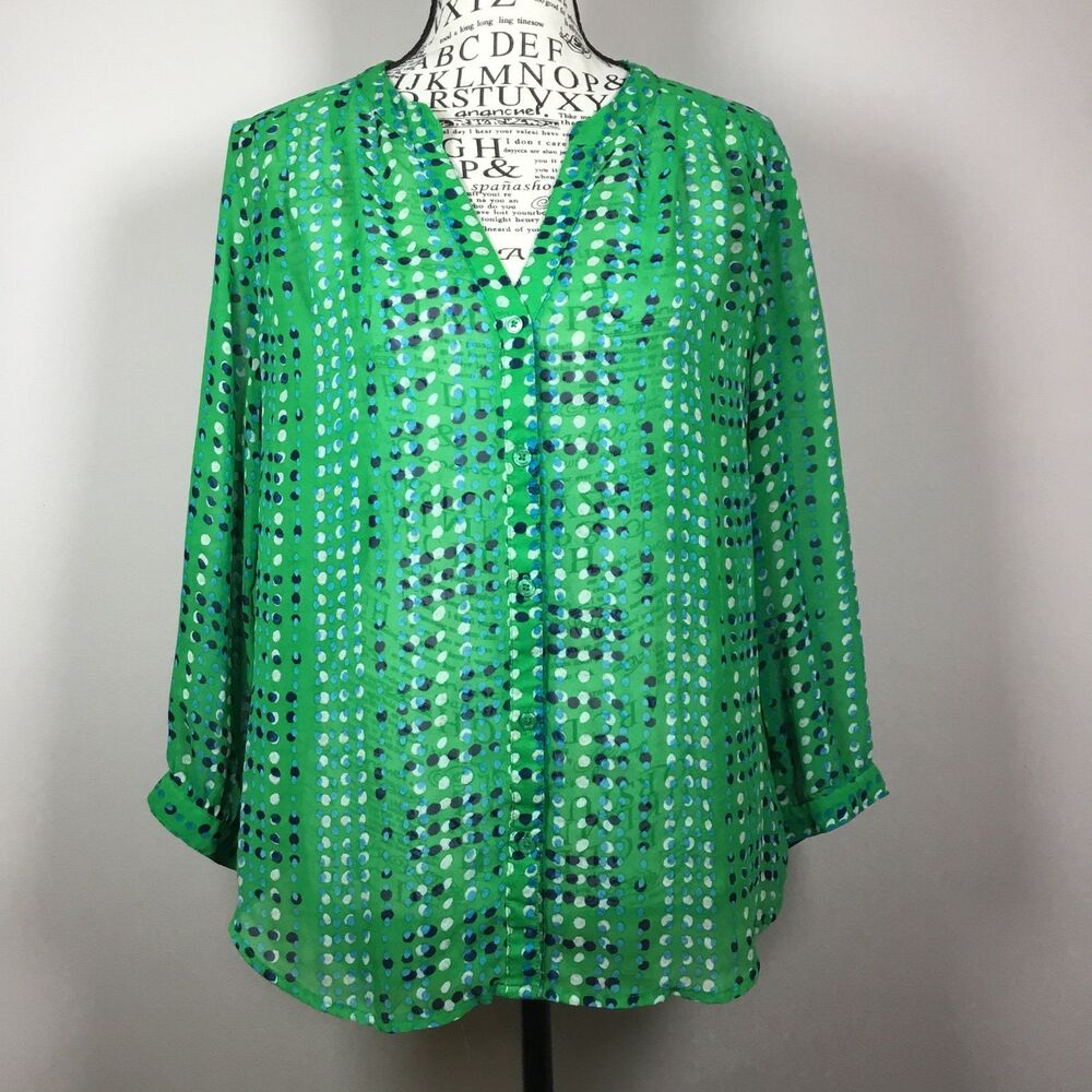 Sheer green button down blouse blue white circle pattern business casual M
